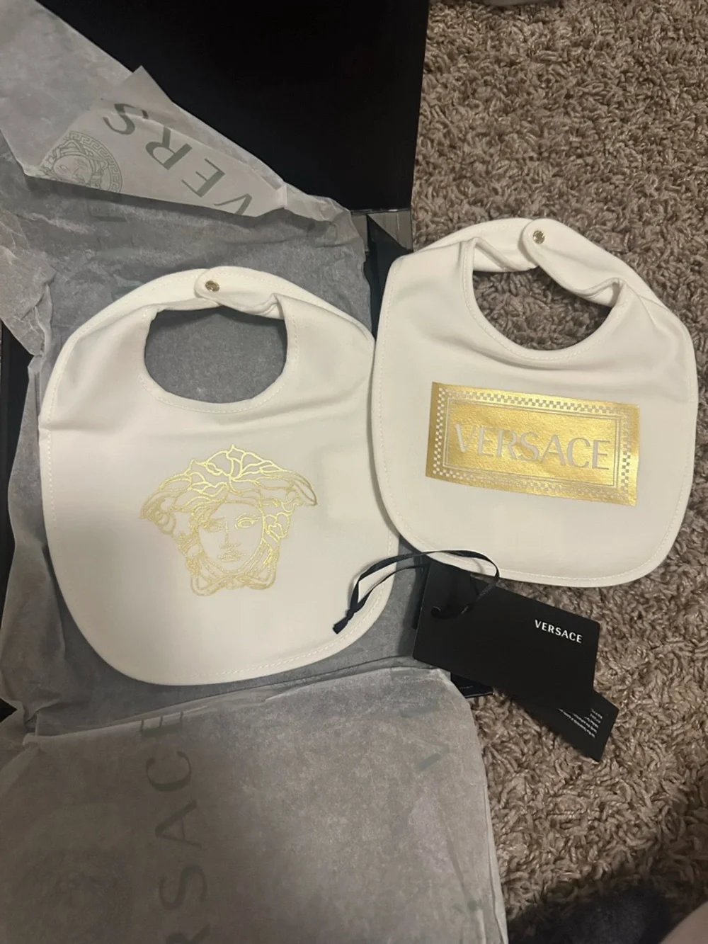 Versace White and Gold Designer Baby Bib Duo